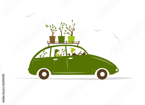 Family traveling by green car with plants on roof