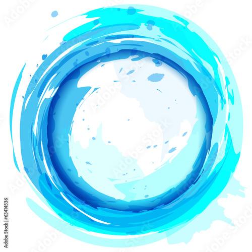 Round frame. Blue vector background with brush strokes and splas