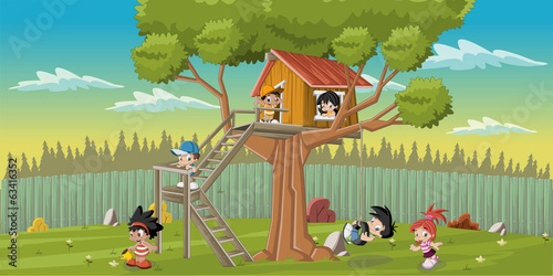 Cute happy cartoon kids playing in house tree on the backyard