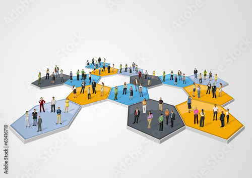 business people connected over bee hive blocks