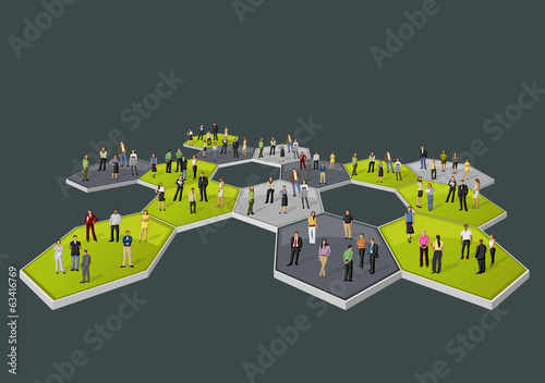 business people connected over bee hive blocks
