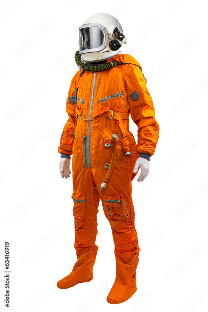 Astronaut wearing space suit standing against white background.