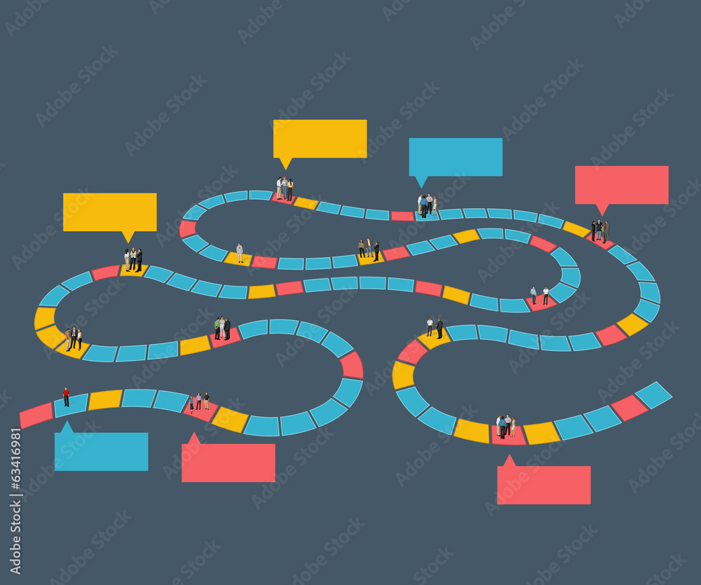 Board game with business people over path.