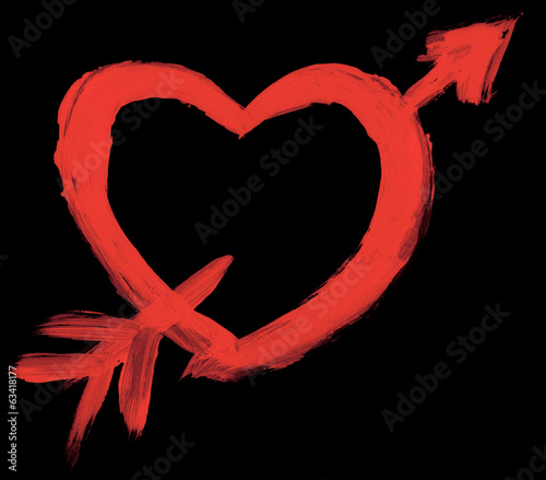 Hand painted heart with arrow isolated on black