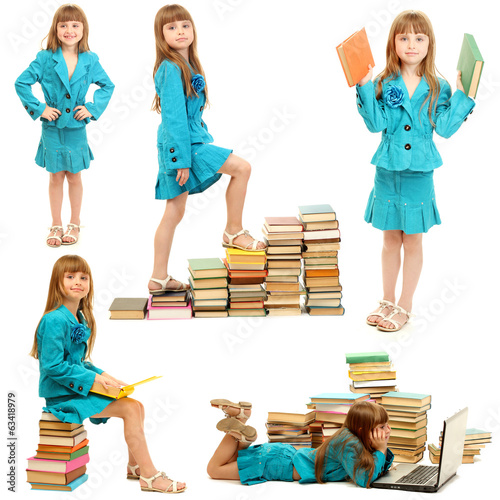 Little girl with books isol...