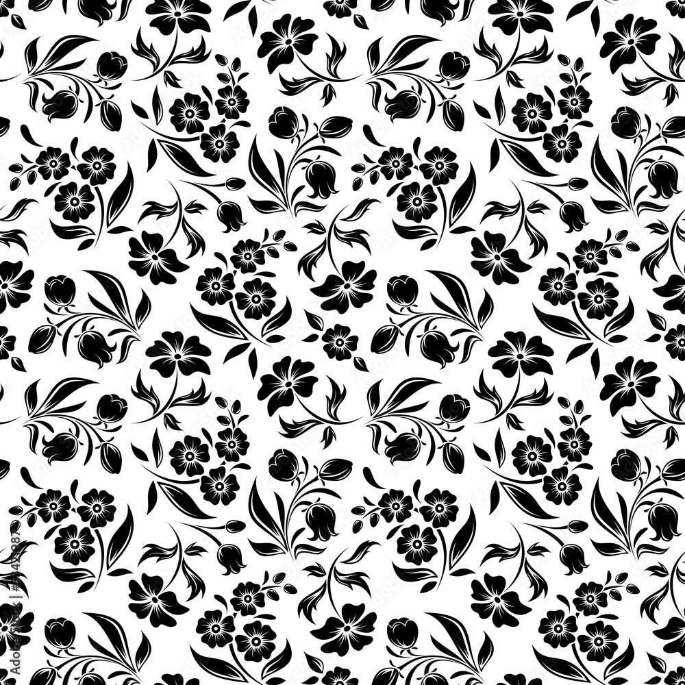 Fototapeta premium Seamless black floral pattern on white. Vector illustration.