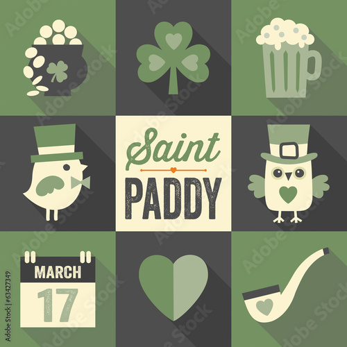 set of st patricks day flat icons with long shadow