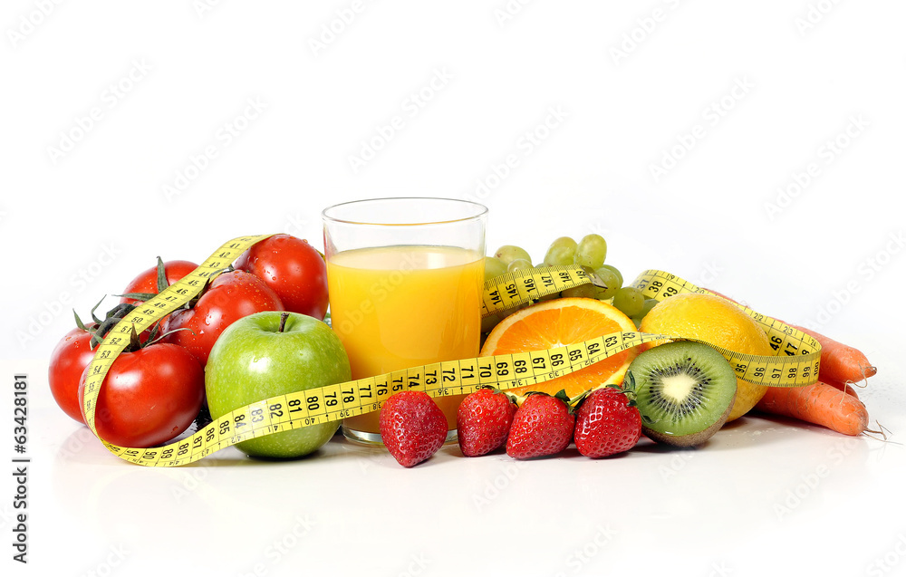 fresh fruit , vegetables , orange juice wrapped in measure tape fresh fruit , vegetables , orange juice wrapped in measure tape