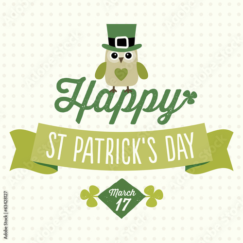 happy st patricks day card with cute owl