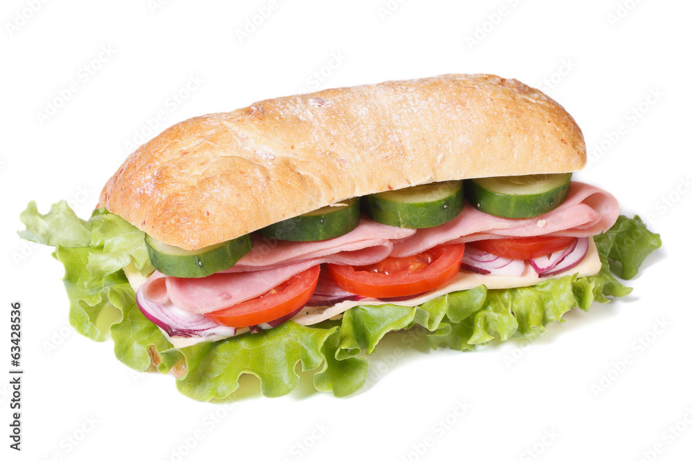 ciabatta sandwich with ham and vegetables isolated ciabatta sandwich with ham and vegetables isolated