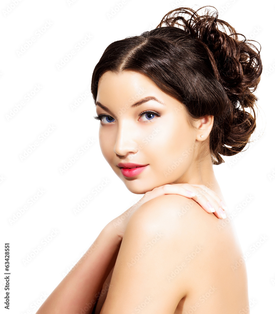 Fototapeta premium Pretty girl, white background, copyspace