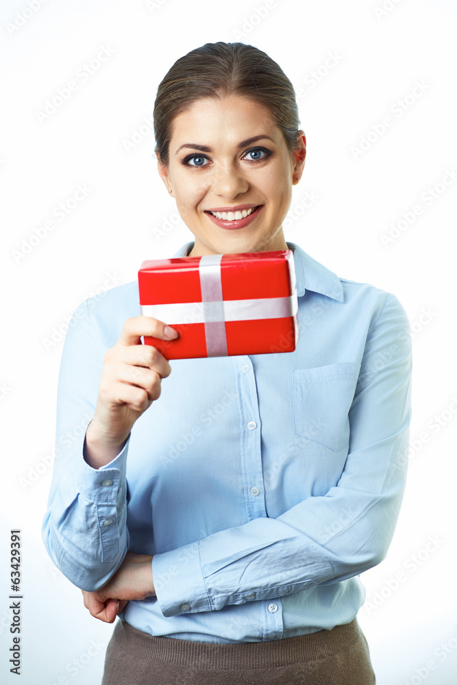Business woman hold present. Isolated white background. Business woman hold present. Isolated white background.