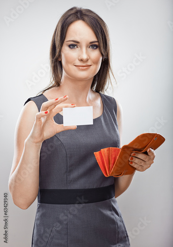 Business woman credit card hold. Gray dress business model posi photo