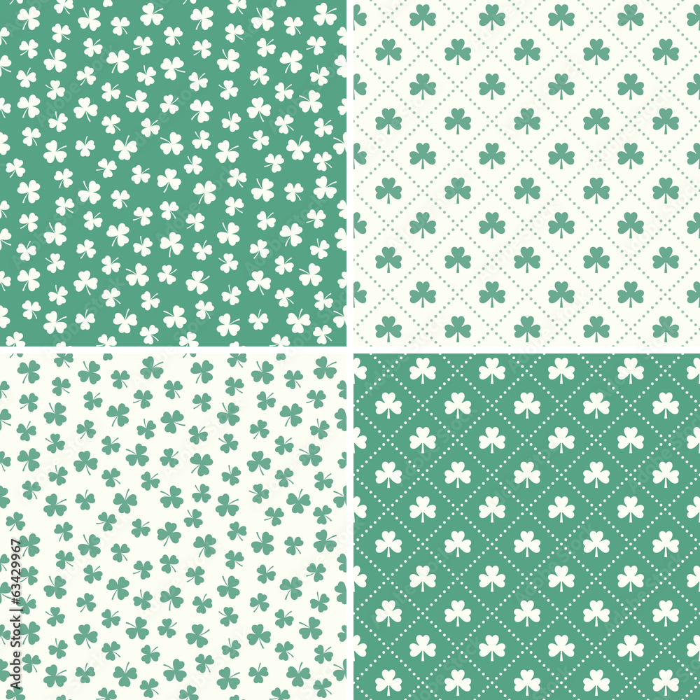 set of seamless green shamrock leaf patterns