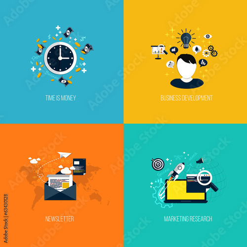 Icons for time is money, business development, newsletter and ma