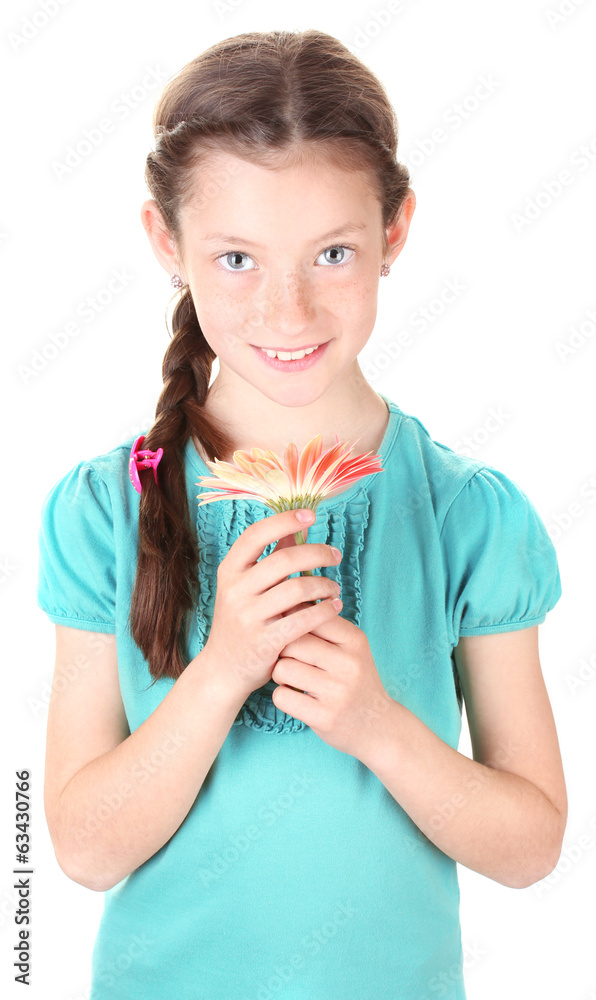 Portrait of beautiful little girl with gerbera flower isolated Portrait of beautiful little girl with gerbera flower isolated