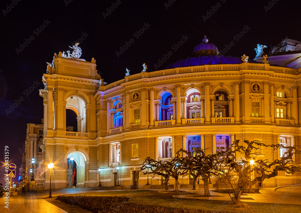 Odessa Opera and Ballet Theater at night. Ukraine