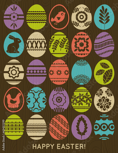 set of colour easter eggs over wooden background, vector