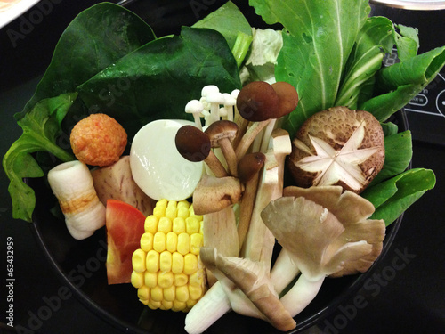 the vegetable set for shabu, mushroom, sweet corn