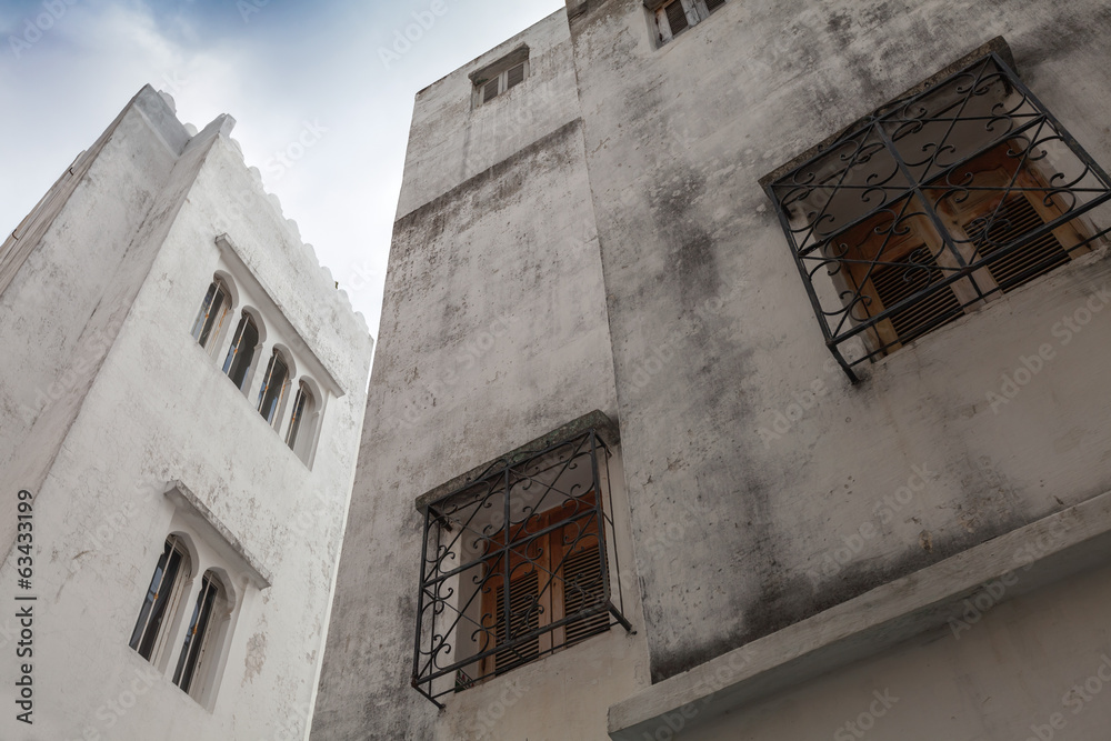White houses and blue sky. Madina, old part of Tangier, Morocco