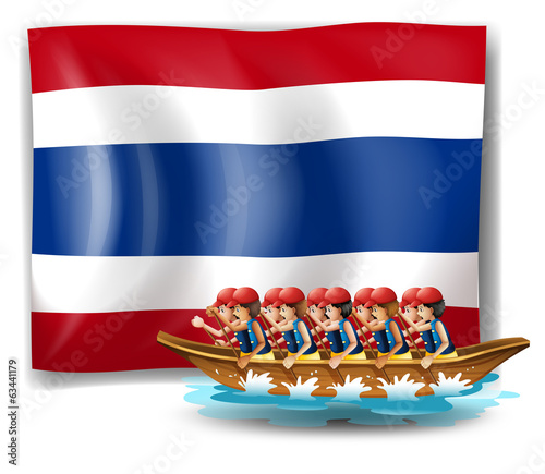 A boat with men near the flag of Thailand