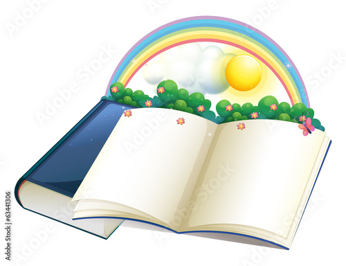 A storybook with a rainbow and plants