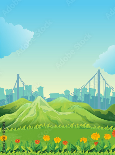 Mountains across the tall buildings