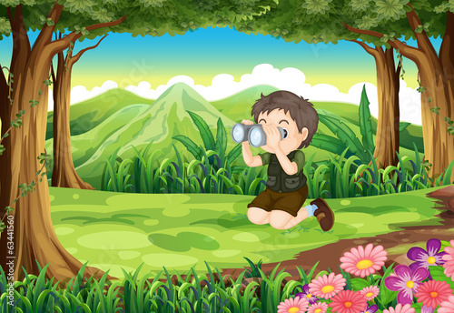 A boy at the forest with a telescope