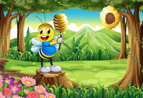 A bee above the stump at the forest