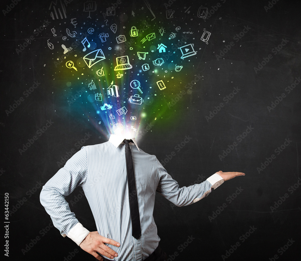 Business man with glowing media icons exploding head Business man with glowing media icons exploding head