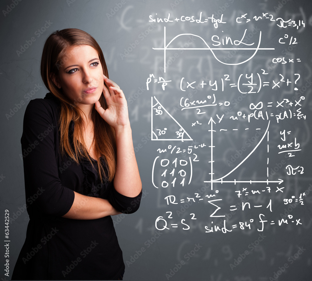 Beautiful school girl thinking about complex mathematical signs Beautiful school girl thinking about complex mathematical signs