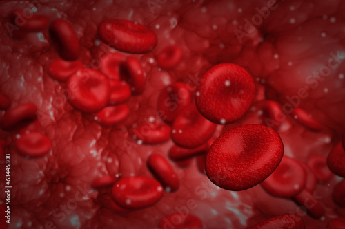 Computer graphic design of red blood cells flowing inside vessel