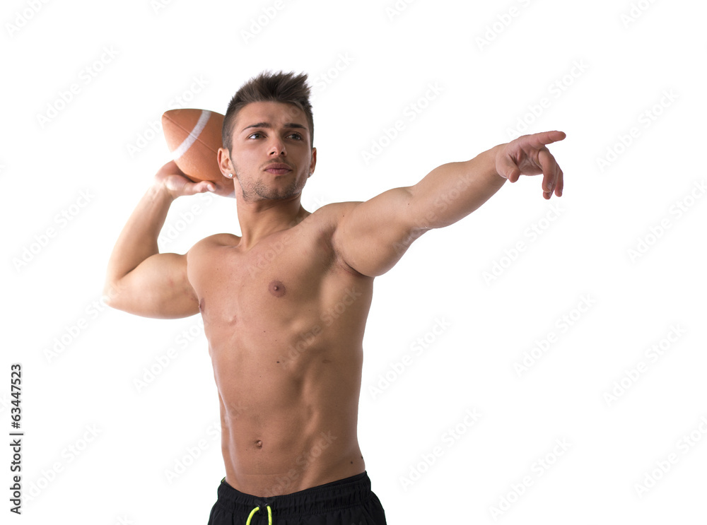 Muscular american football player shirtless ready to throw ball Muscular american football player shirtless ready to throw ball