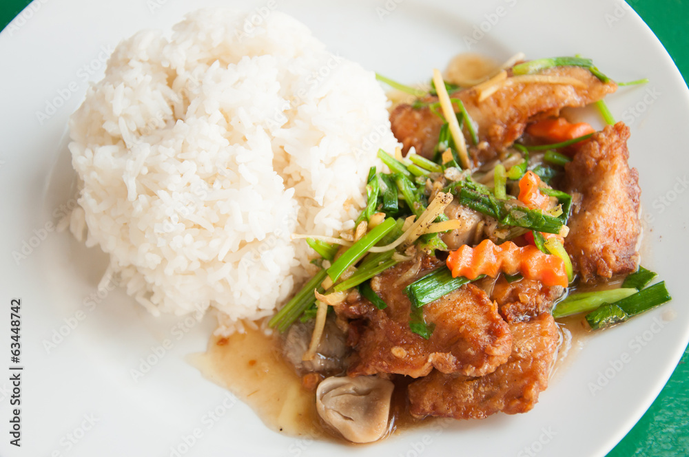 Stir-fried fish with colorful vegetables, mushroom and herb Stir-fried fish with colorful vegetables, mushroom and herb