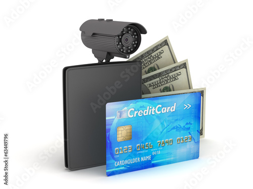 Credit card, dollar bills, wallet and monitoring camera