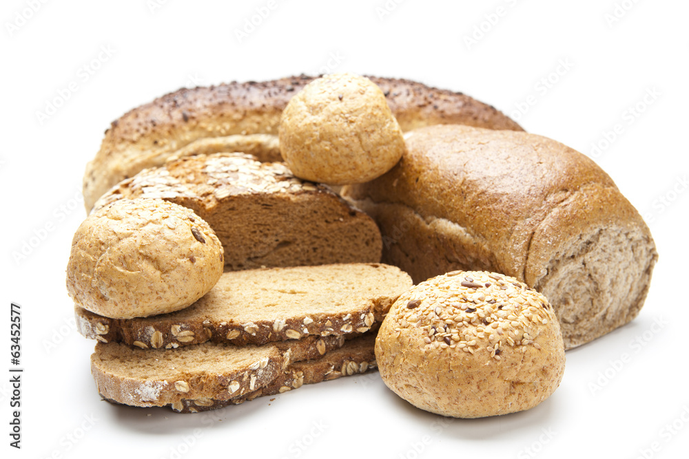 Composition with bread and rolls isolated on white Composition with bread and rolls isolated on white