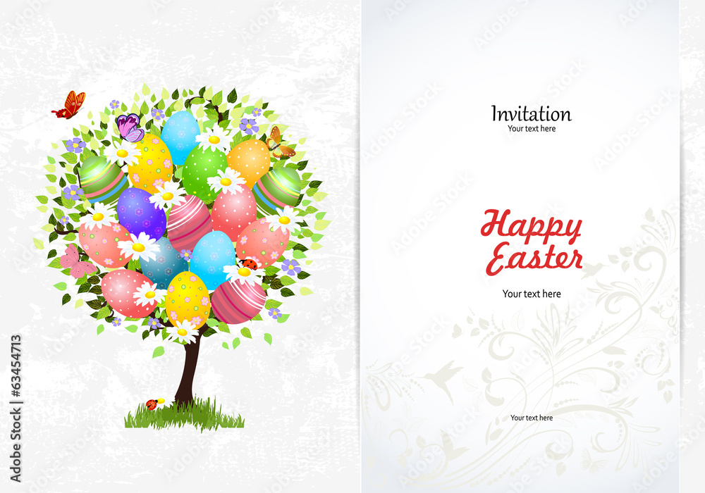 Easter greeting card with eggs and flowers - obrazy, fototapety, plakaty 