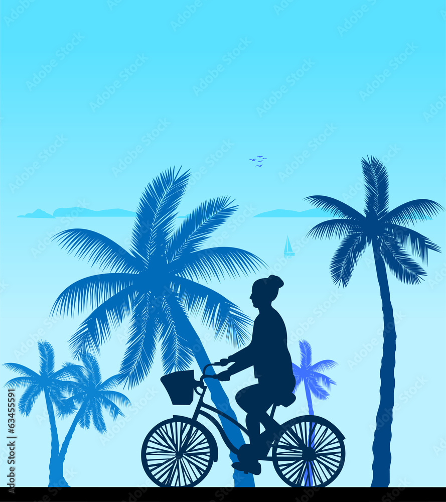 Girl bike ride on the beach silhouette