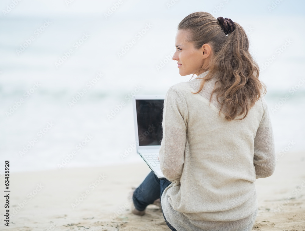 Young woman sitting with laptop on cold beach