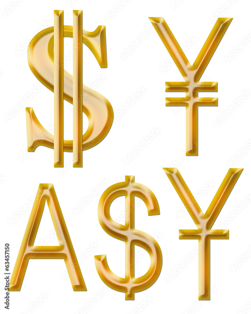 signs of currencies: yuan, dollar, yen, Australian dollar signs of currencies: yuan, dollar, yen, Australian dollar