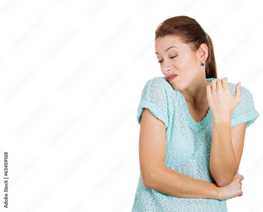 Skepticism. Displeased woman avoiding eye contact