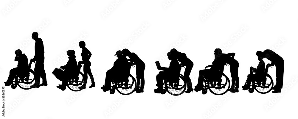 Obraz premium Vector silhouettes of people in a wheelchair.