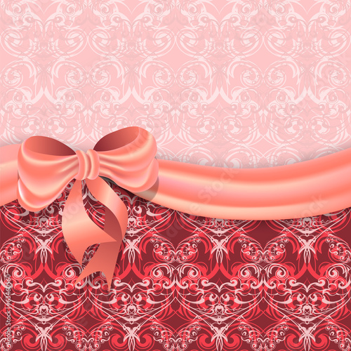 Background with Victorian pattern divided satin ribbon and bow