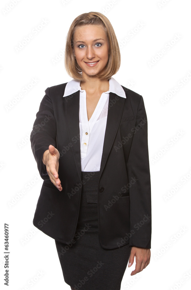 beautiful business woman holds out her hand to greet beautiful business woman holds out her hand to greet