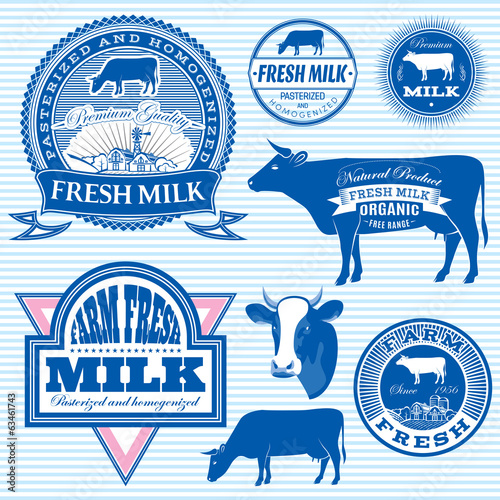 set of icons on the theme of cow's milk