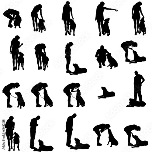 Vector silhouette of people with a dog.