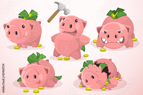 Set of piggy bank in different situations