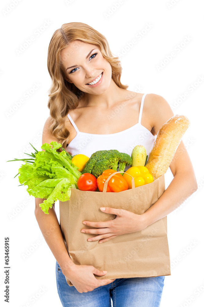Woman with vegetarian food, on white Woman with vegetarian food, on white
