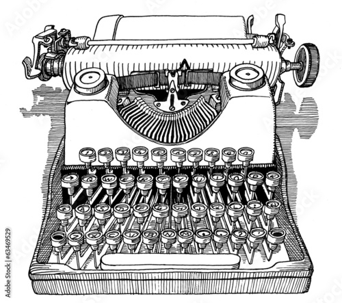 Vintage typewriter front view drawing ink isolated on white back
