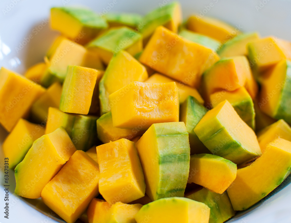 peeled squash(cucurbita) cut into cubes peeled squash(cucurbita) cut into cubes